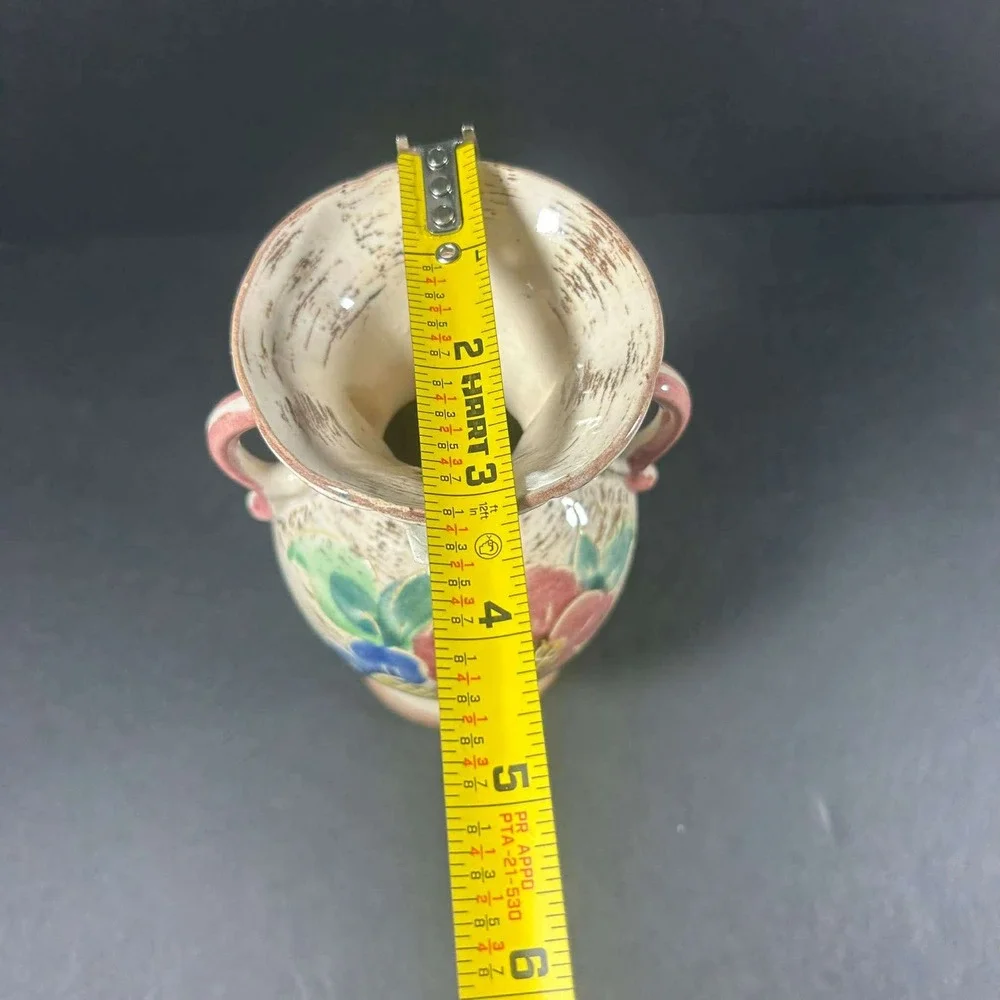 Italia Vase Cream Hand Painted Floral Double Handle Amphora‎ Vintage Italy 7in